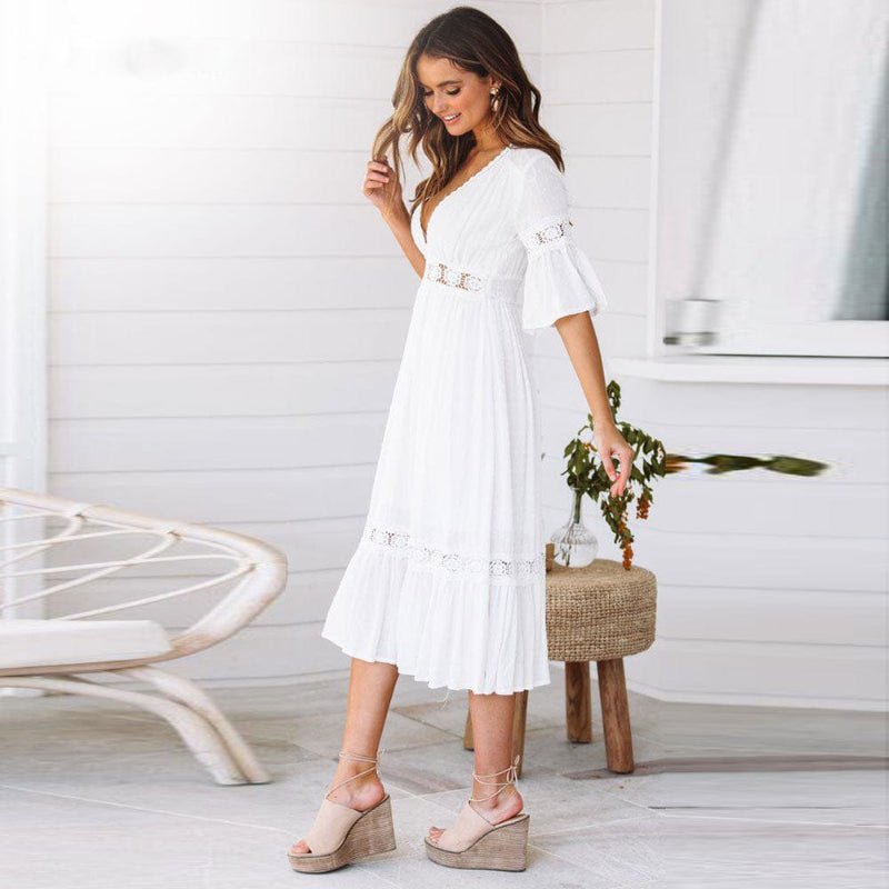 Sukienka midi damska z dekoltem w serek i krótkim rękawem – koronkowe wykończenie, elastyczna talia, warstwowa spódnica - Arkadya Outlet - Women Midi Dress