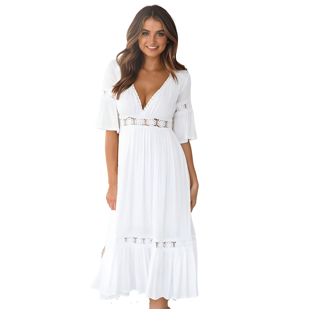 Sukienka midi damska z dekoltem w serek i krótkim rękawem – koronkowe wykończenie, elastyczna talia, warstwowa spódnica - Arkadya Outlet - Women Midi Dress
