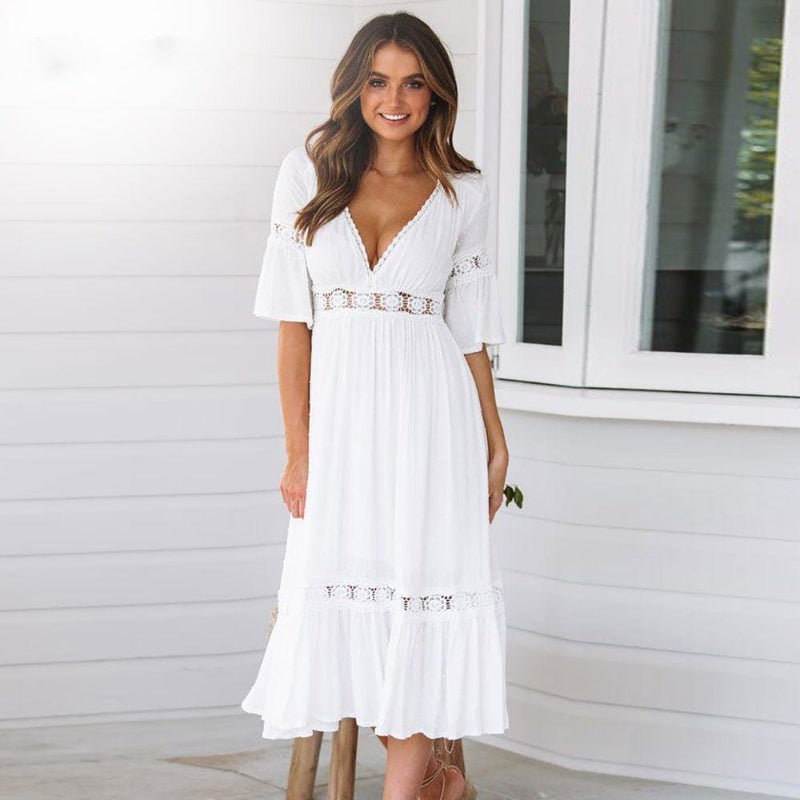 Sukienka midi damska z dekoltem w serek i krótkim rękawem – koronkowe wykończenie, elastyczna talia, warstwowa spódnica - Arkadya Outlet - Women Midi Dress