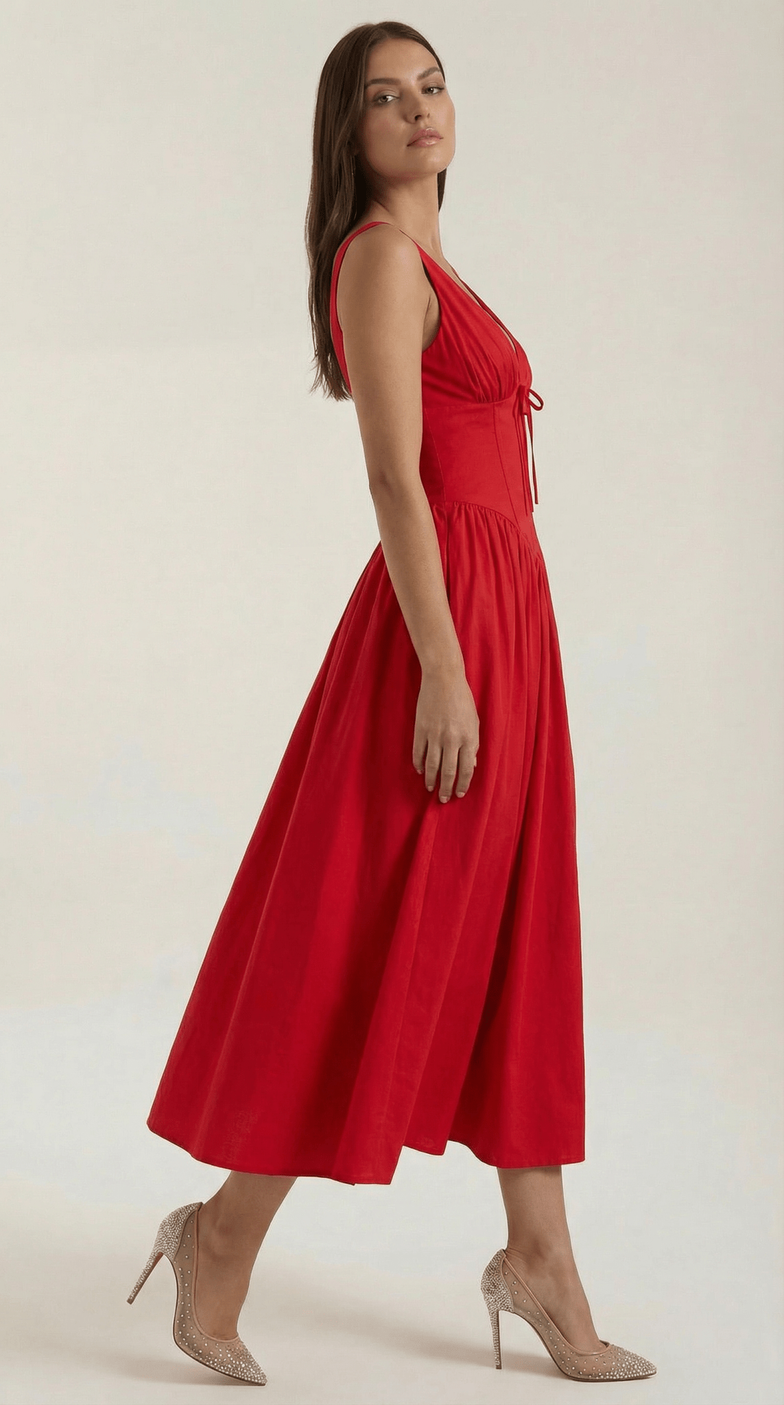 Sukienka midi dekolt V – dopasowana góra, marszczony dół - Arkadya Outlet - Women Midi Dress