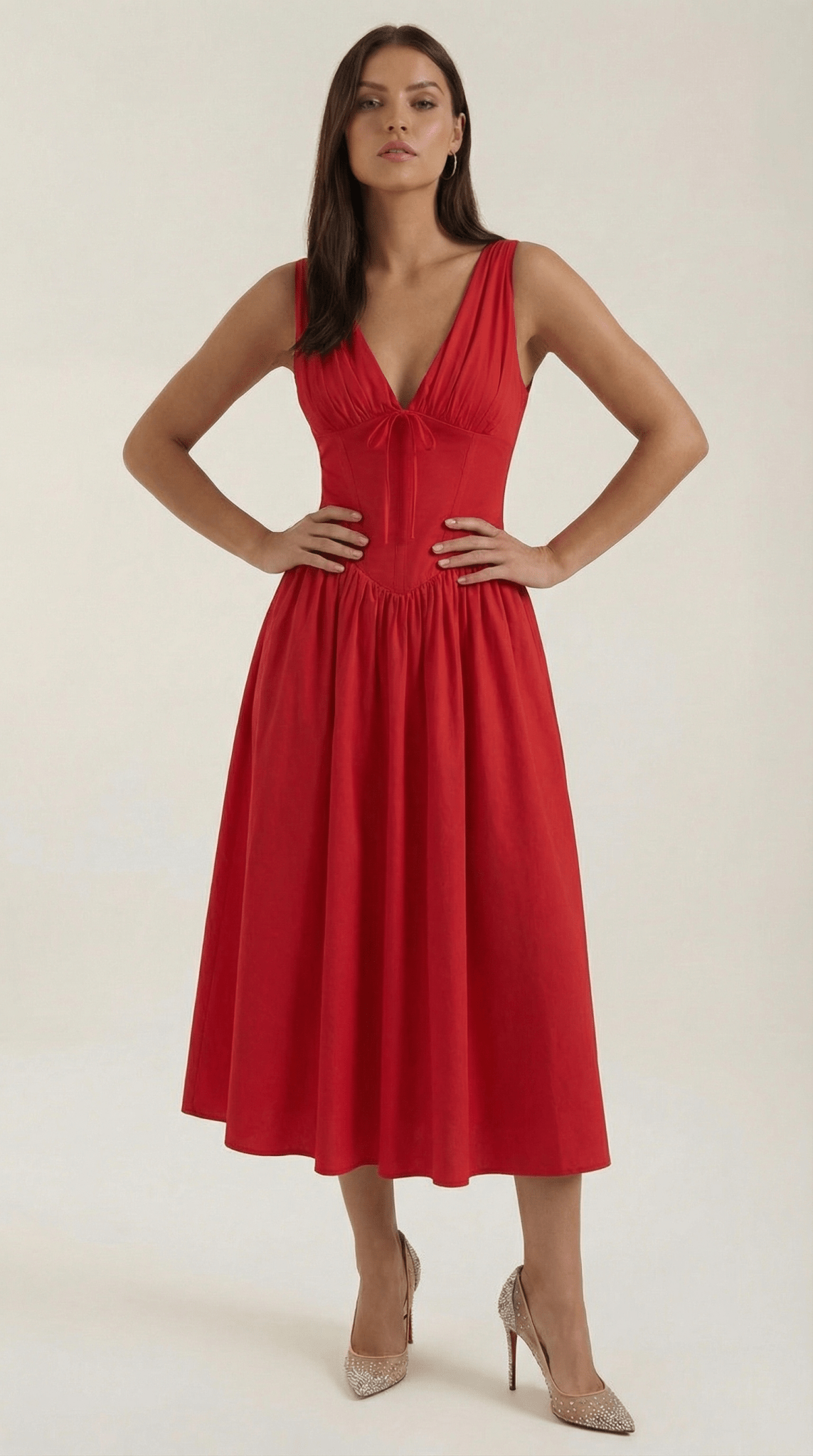 Sukienka midi dekolt V – dopasowana góra, marszczony dół - Arkadya Outlet - Women Midi Dress