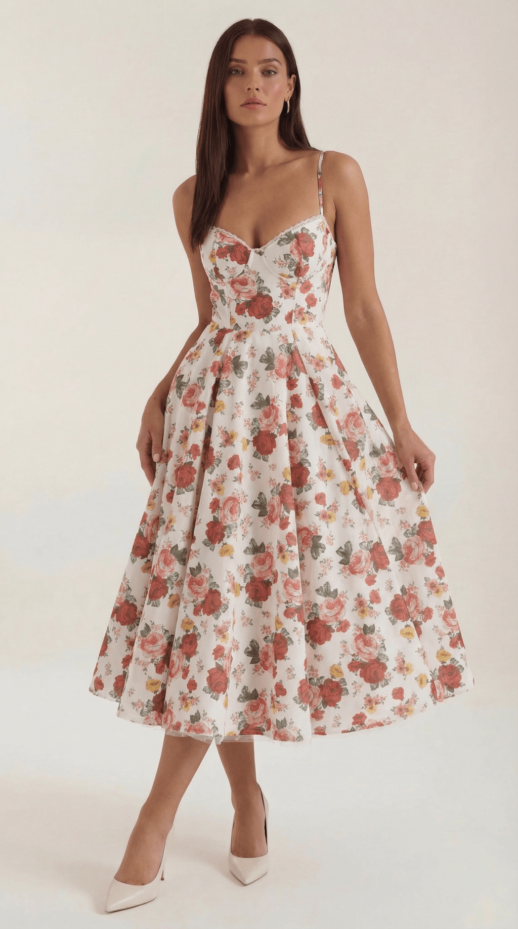 Sukienka midi dekolt w serce – cienkie ramiączka - Arkadya Outlet - Women Midi Dress