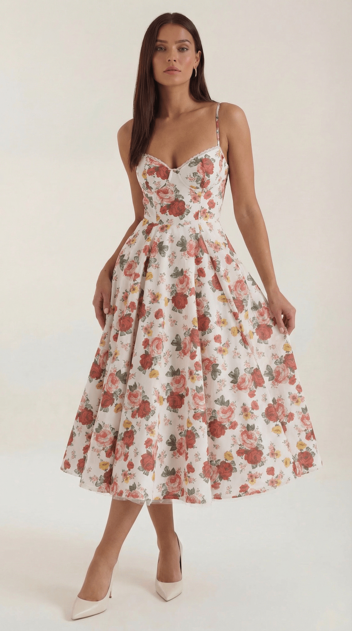 Sukienka midi dekolt w serce – cienkie ramiączka - Arkadya Outlet - Women Midi Dress