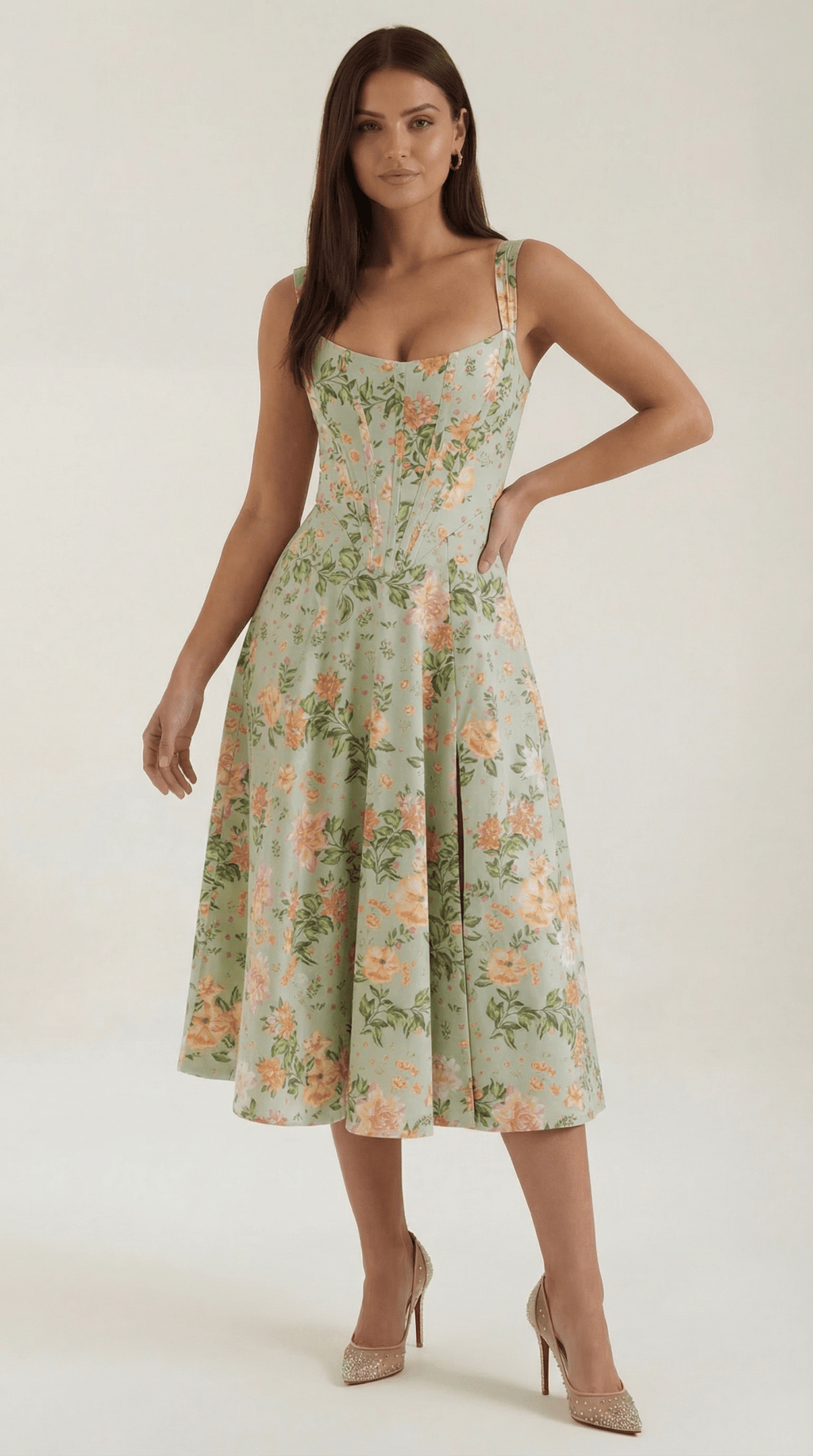 Sukienka midi dekolt w serce – krój A, rozcięcie boczne - Arkadya Outlet - Women Midi Dress