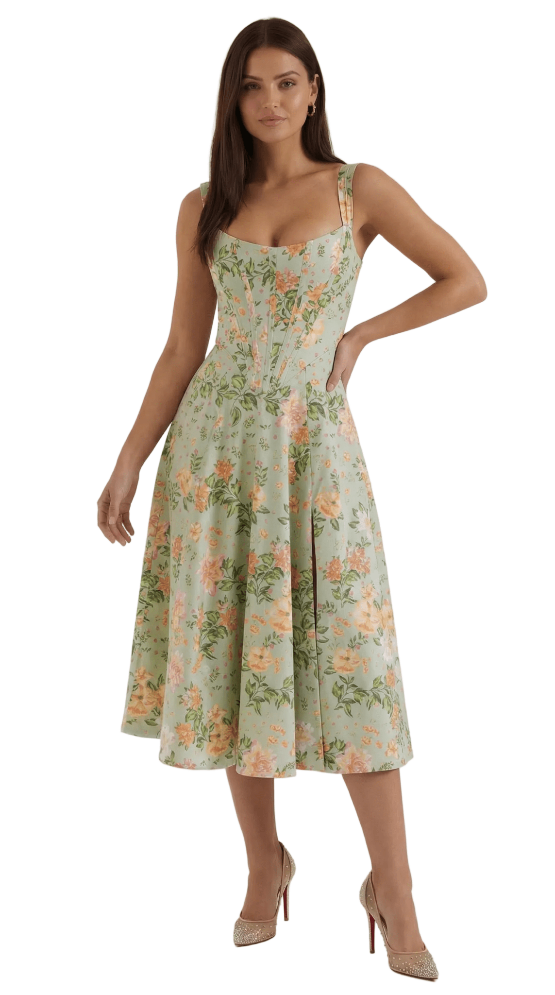 Sukienka midi dekolt w serce – krój A, rozcięcie boczne - Arkadya Outlet - Women Midi Dress
