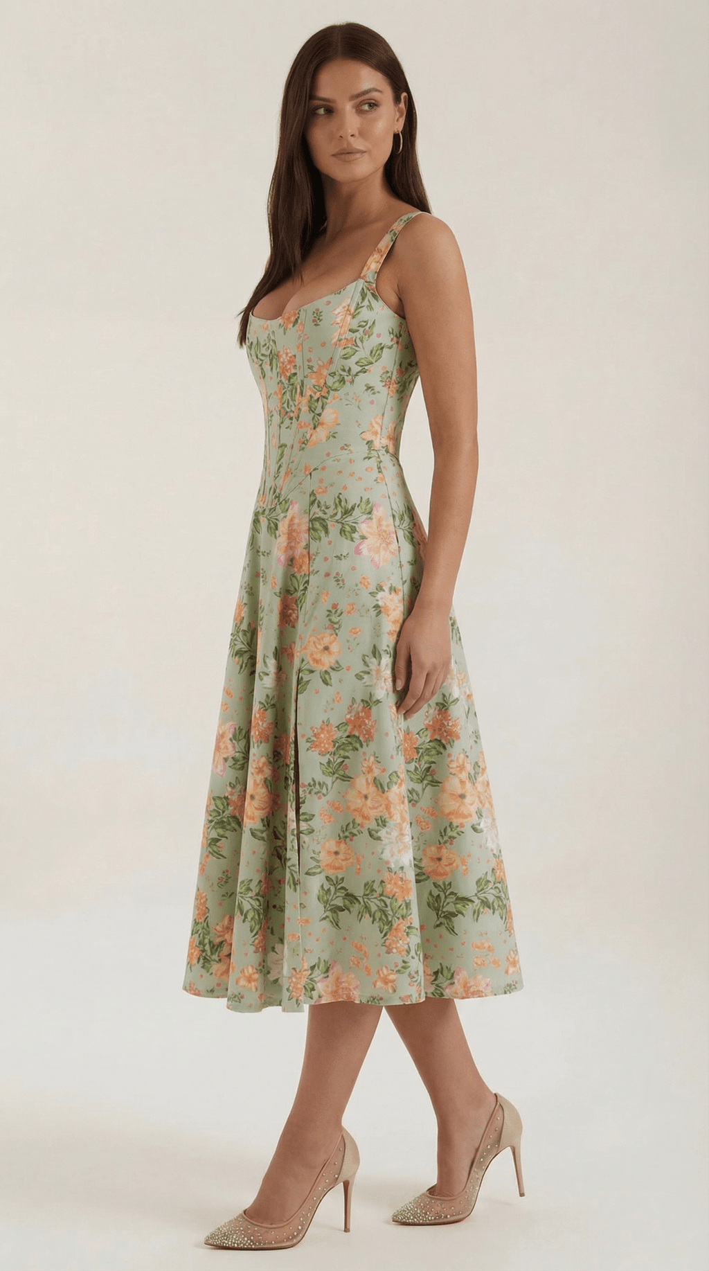 Sukienka midi dekolt w serce – krój A, rozcięcie boczne - Arkadya Outlet - Women Midi Dress