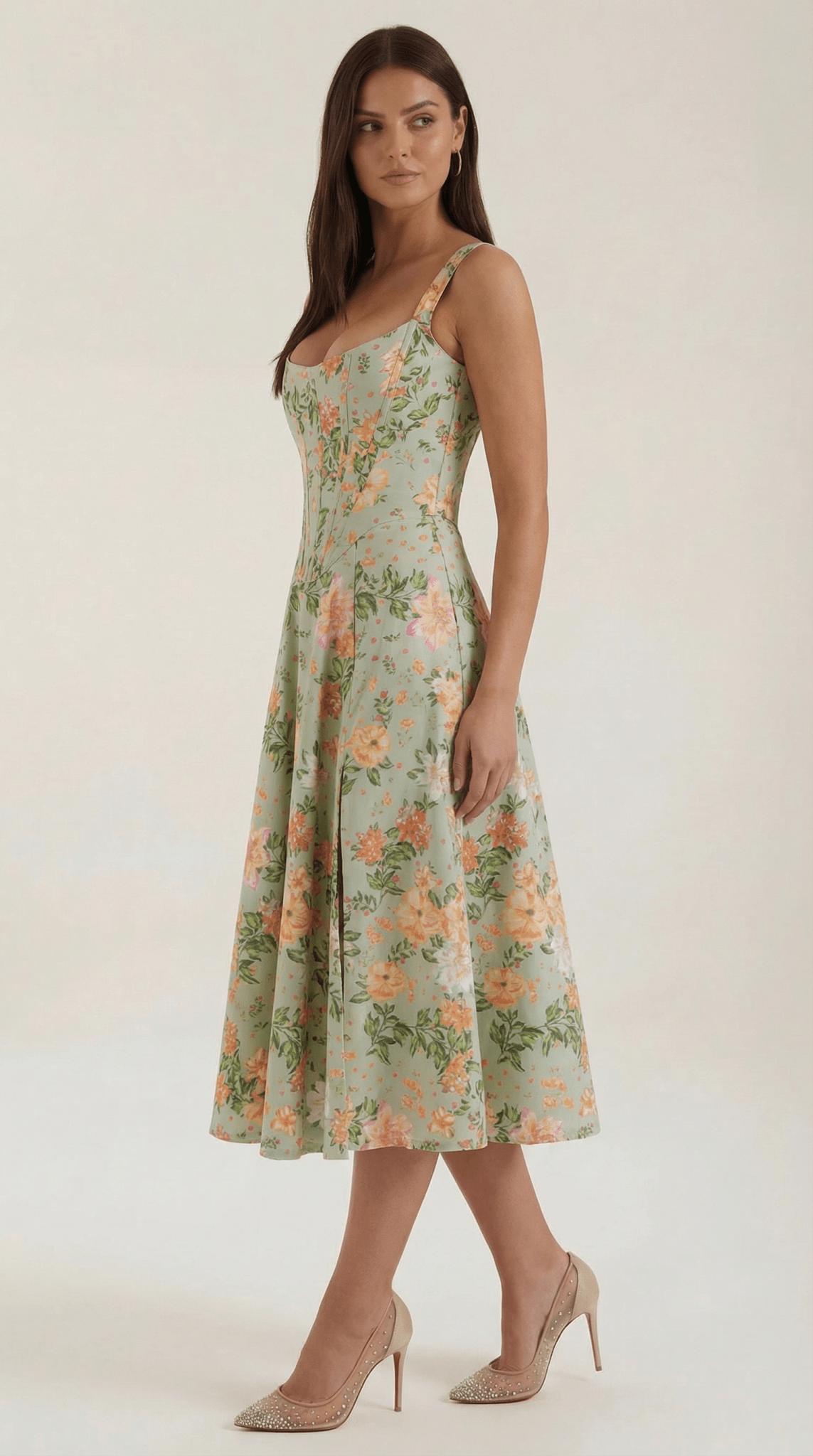Sukienka midi dekolt w serce – krój A, rozcięcie boczne - Arkadya Outlet - Women Midi Dress