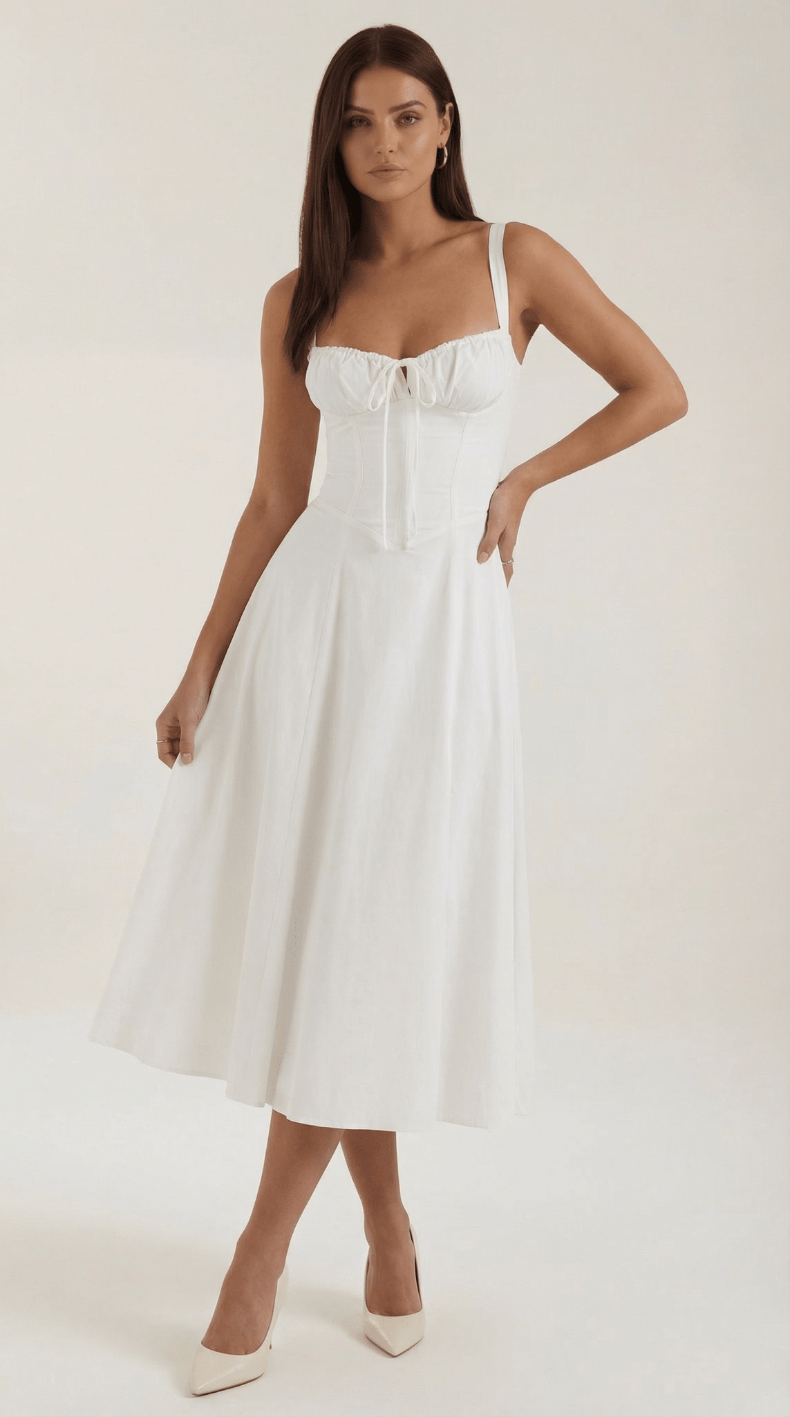 Sukienka midi dekolt w serce – krój A, wiązanie - Arkadya Outlet - Women Midi Dress