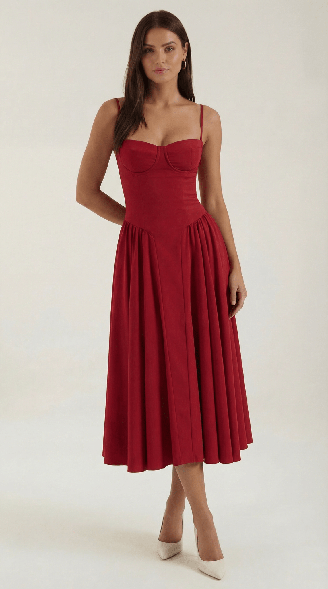 Sukienka midi gorsetowa – dekolt w serce, ramiączka - Arkadya Outlet - Women Midi Dress