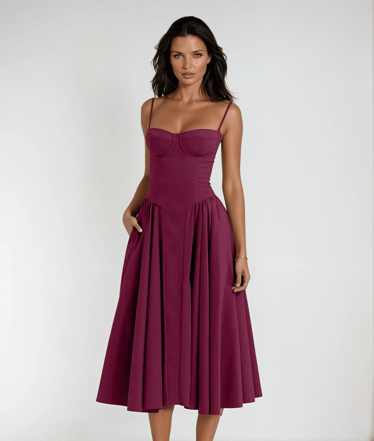 Sukienka midi gorsetowa z plisowaną spódnicą - Arkadya Outlet - Women Midi Dress