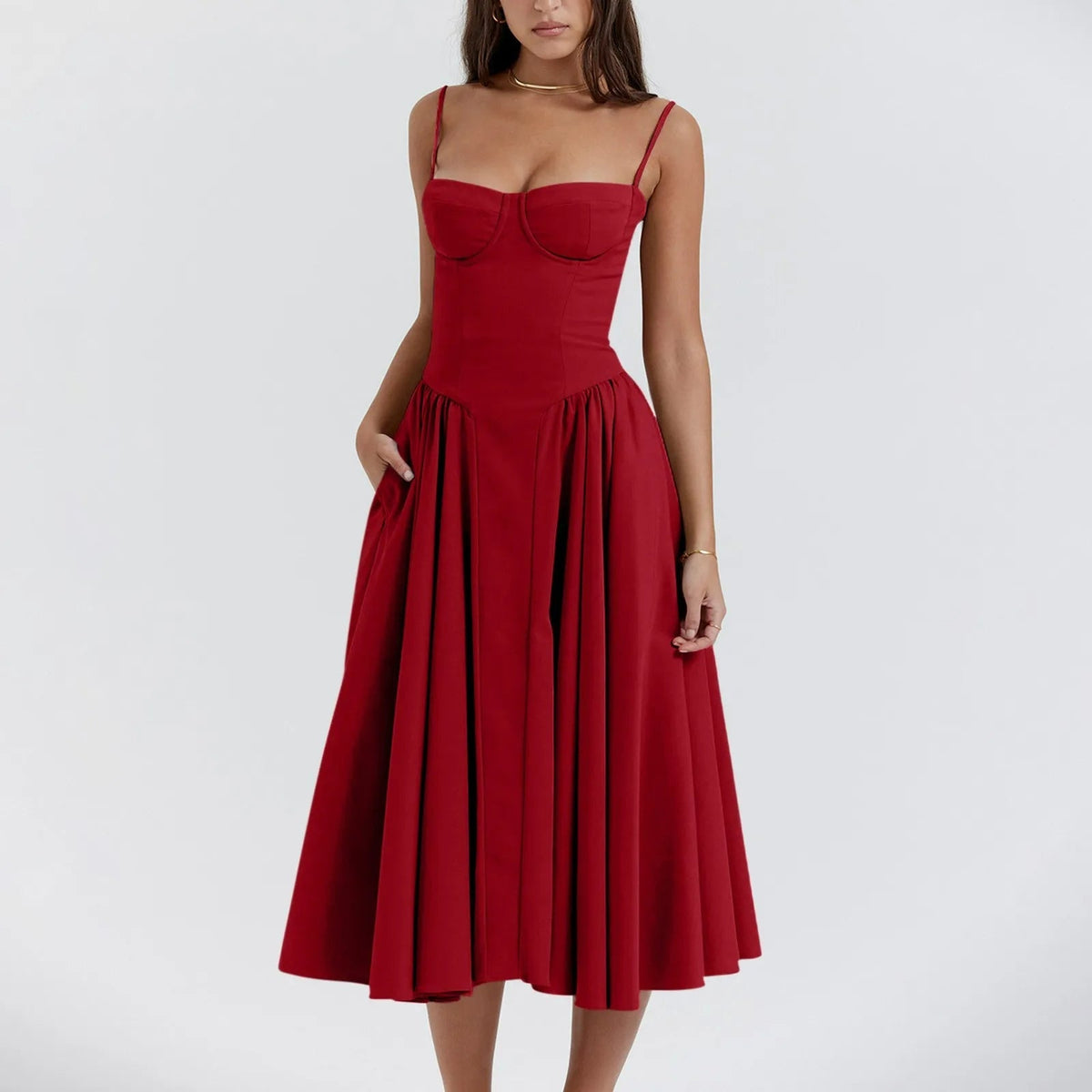 Sukienka midi gorsetowa z plisowaną spódnicą - Arkadya Outlet - Women Midi Dress