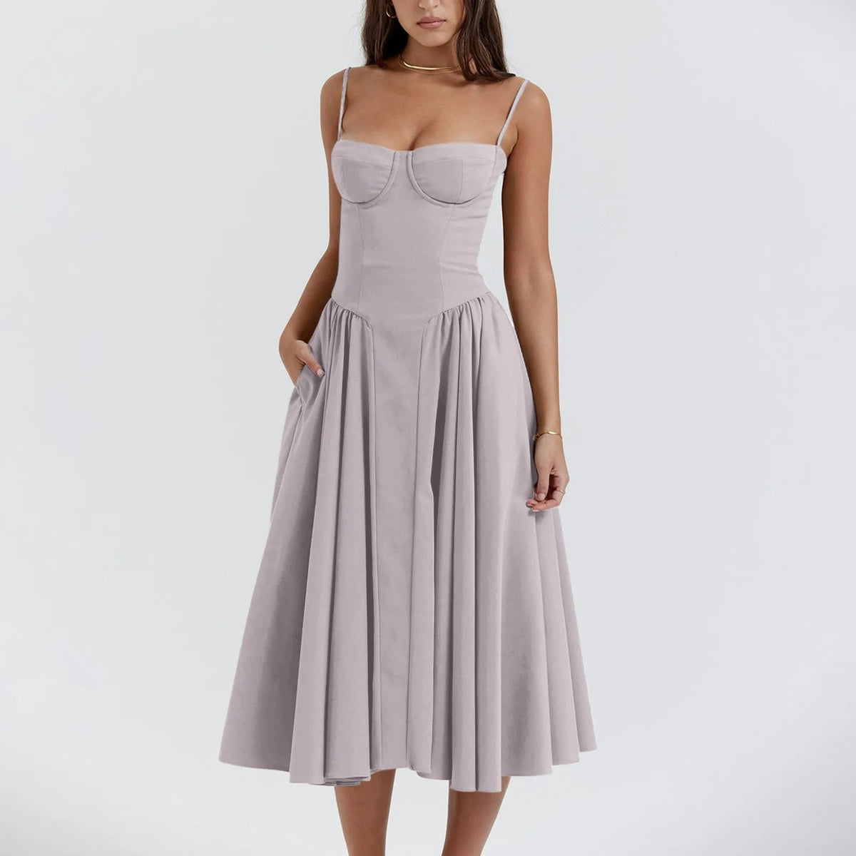 Sukienka midi gorsetowa z plisowaną spódnicą - Arkadya Outlet - Women Midi Dress