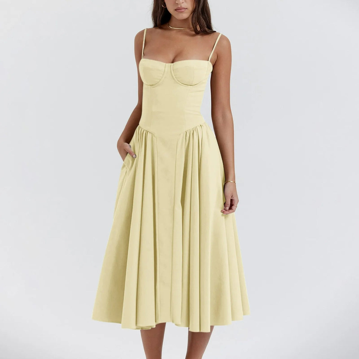 Sukienka midi gorsetowa z plisowaną spódnicą - Arkadya Outlet - Women Midi Dress