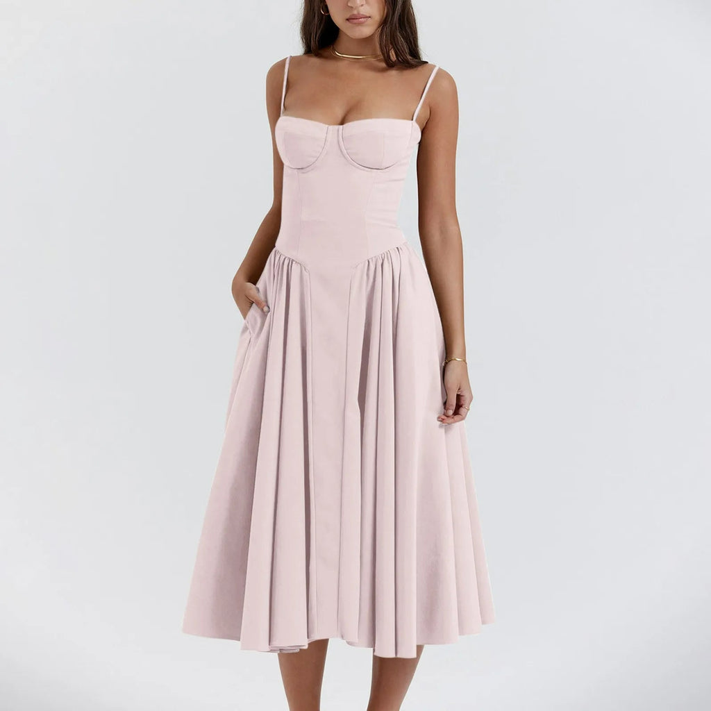 Sukienka midi gorsetowa z plisowaną spódnicą - Arkadya Outlet - Women Midi Dress