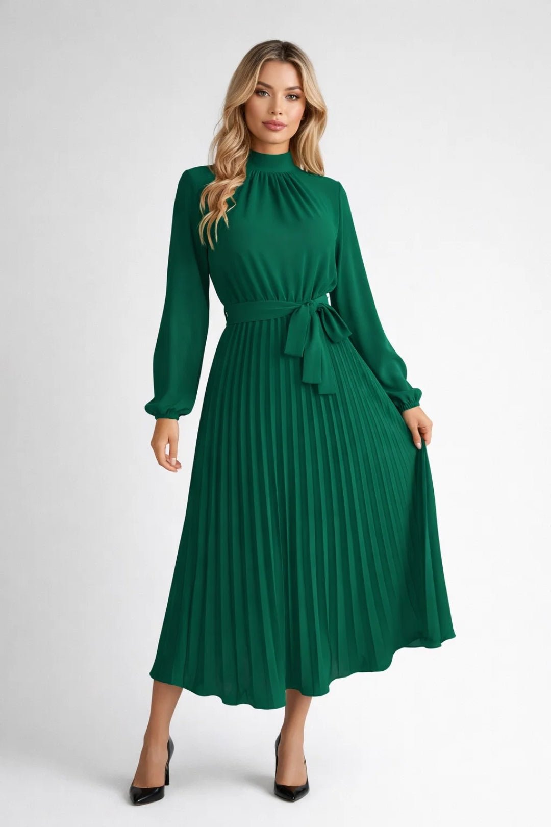 Sukienka midi plisowana z długim rękawem - Arkadya Outlet - Women Midi Dress