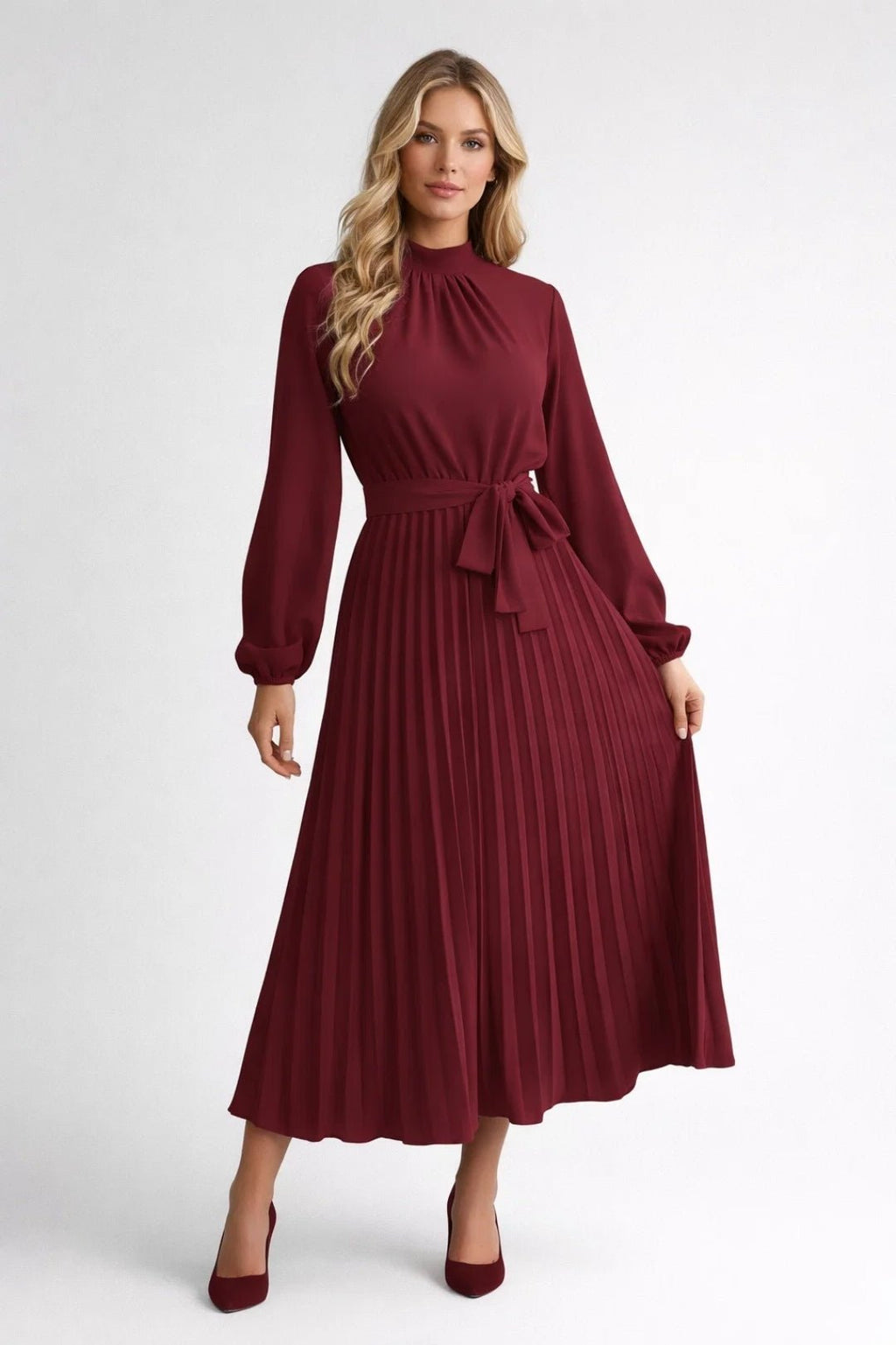 Sukienka midi plisowana z długim rękawem - Arkadya Outlet - Women Midi Dress