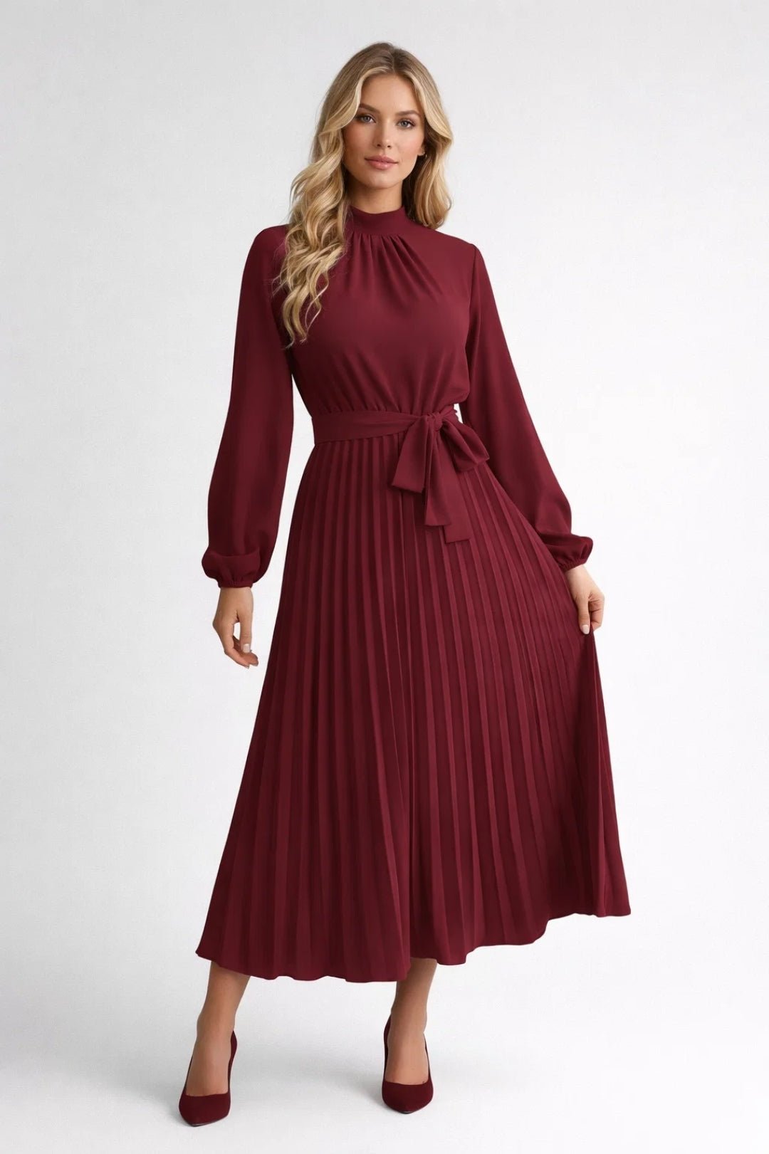 Sukienka midi plisowana z długim rękawem - Arkadya Outlet - Women Midi Dress