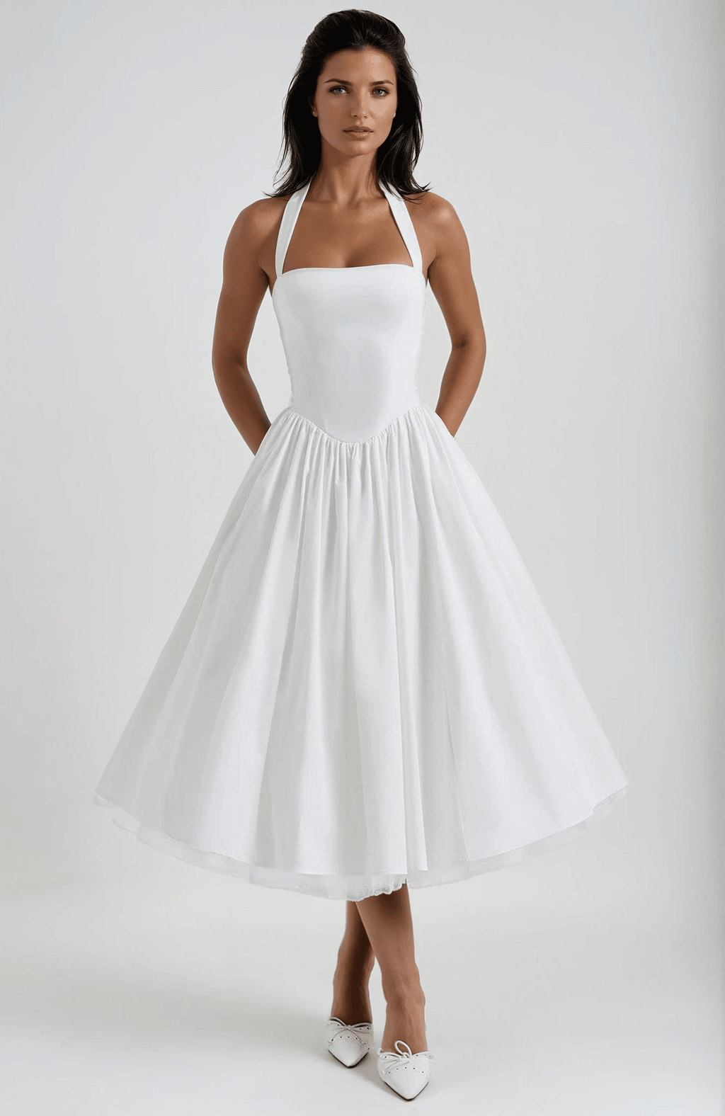 Sukienka midi rozkloszowana z wiązaniem na szyi - Arkadya Outlet - Women Midi Dress