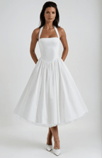 Sukienka midi rozkloszowana z wiązaniem na szyi - Arkadya Outlet - Women Midi Dress