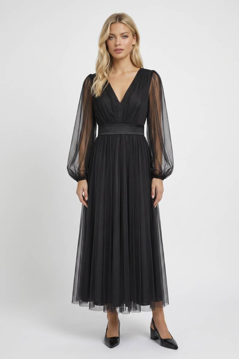 Sukienka midi tiulowa z dekoltem V - Arkadya Outlet - Women Midi Dress
