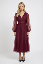 Sukienka midi tiulowa z dekoltem V - Arkadya Outlet - Women Midi Dress