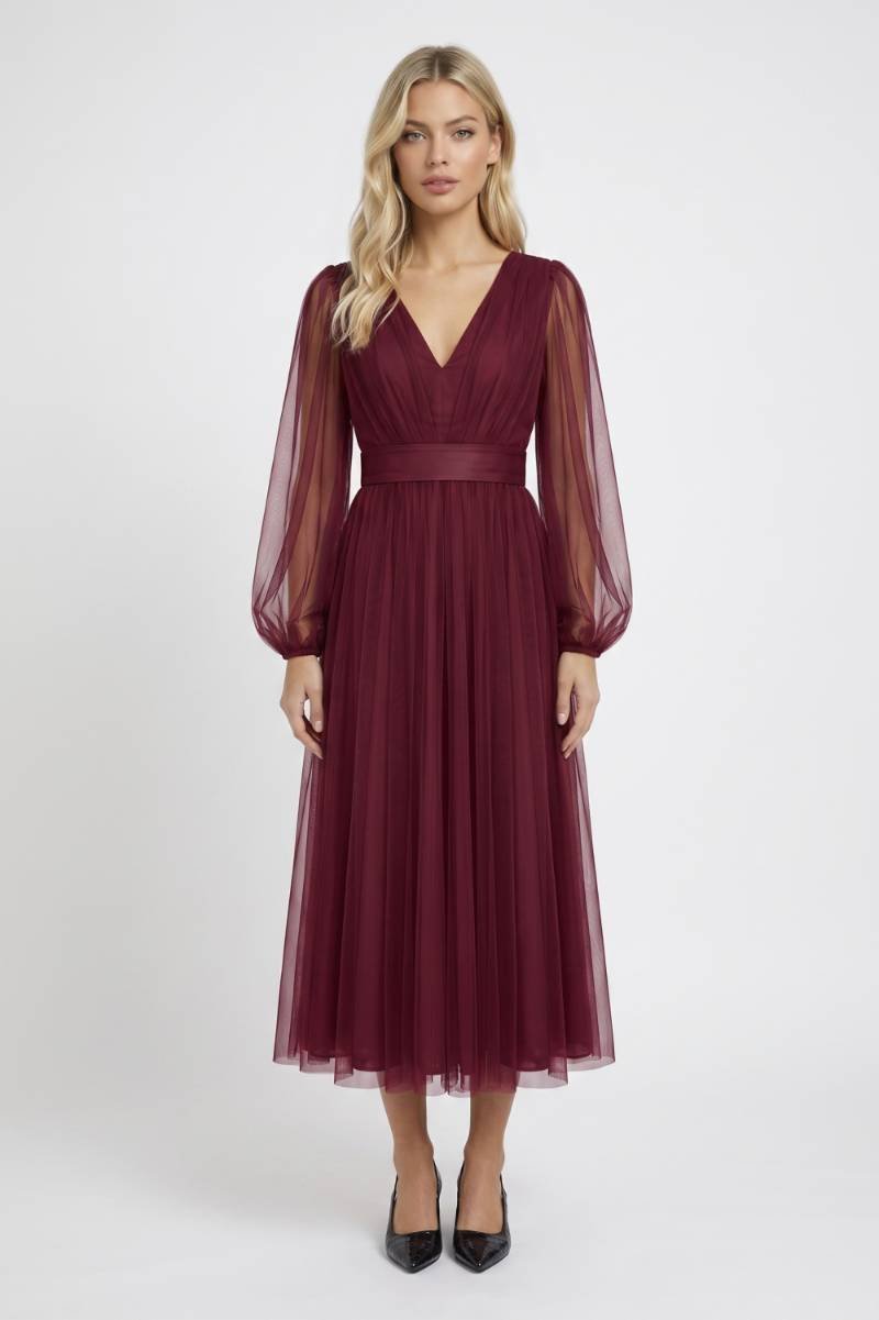 Sukienka midi tiulowa z dekoltem V - Arkadya Outlet - Women Midi Dress