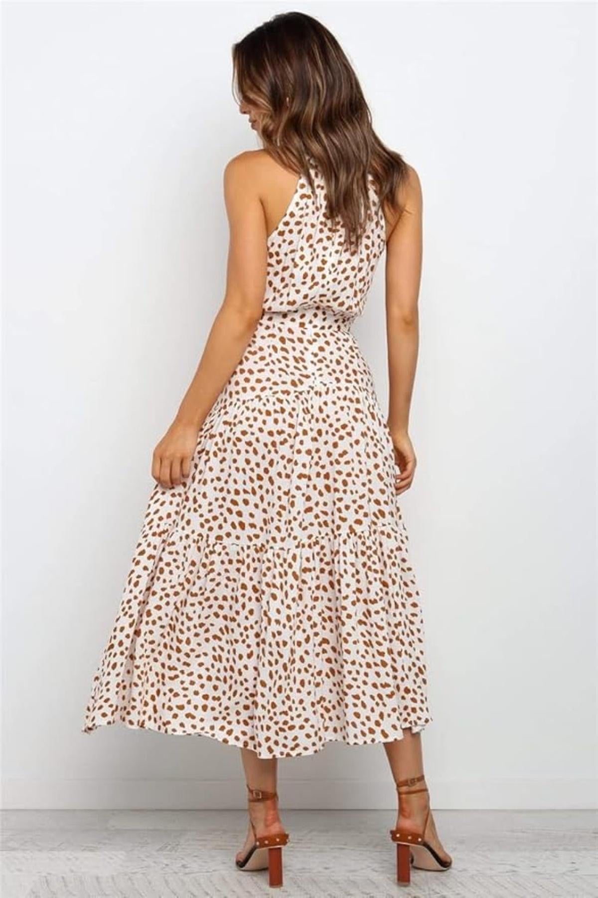 Sukienka midi w grochy halter z wiązaniem w talii - Arkadya Outlet - Women Midi Dress