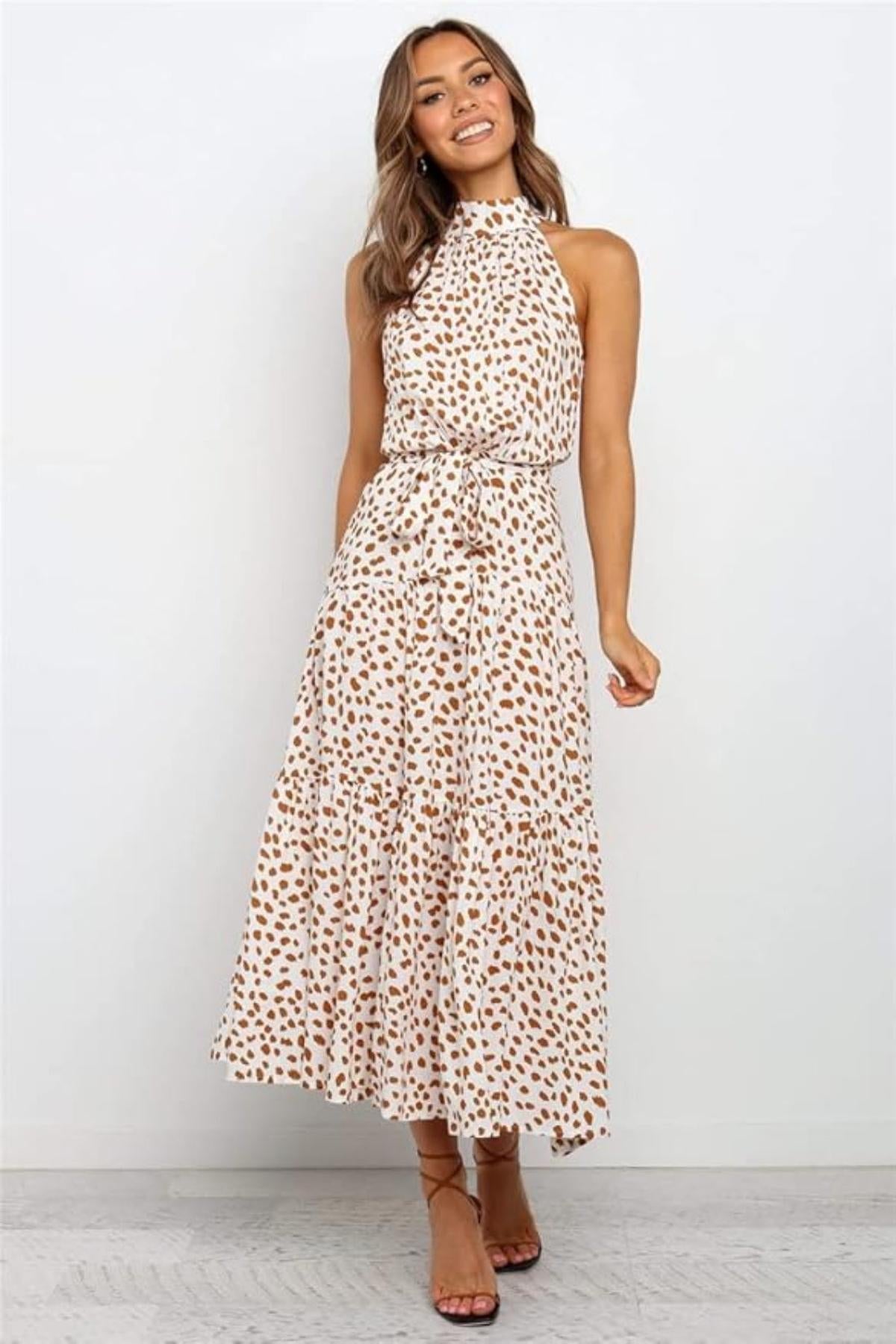 Sukienka midi w grochy halter z wiązaniem w talii - Arkadya Outlet - Women Midi Dress