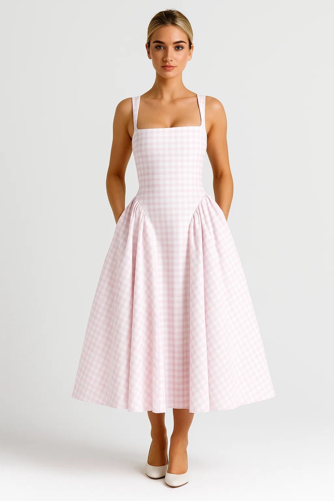 Sukienka midi w kratę z ramiączkami - Arkadya Outlet - Women Midi Dress