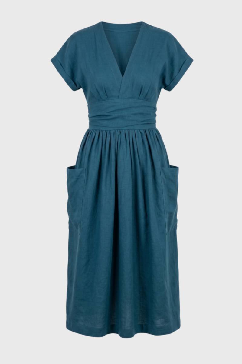 Sukienka midi z dekoltem V i kieszeniami - Arkadya Outlet - Women Midi Dress