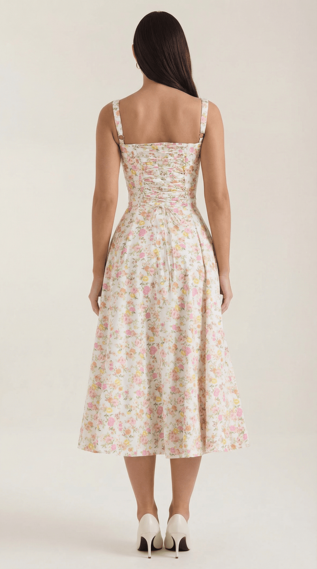 Sukienka midi z dekoltem w serce – wiązanie, rozkloszowany dół - Arkadya Outlet - Women Midi Dress