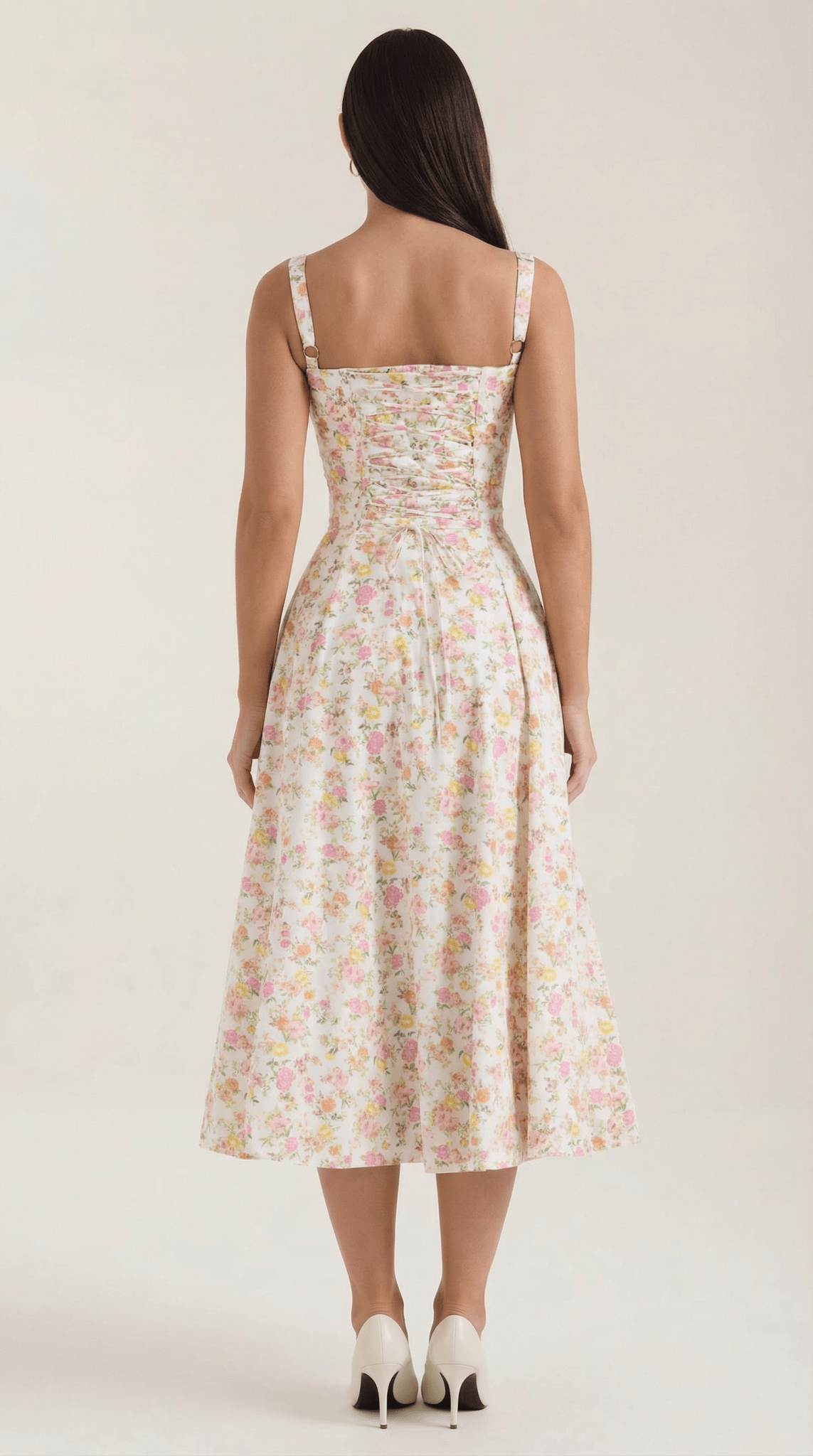 Sukienka midi z dekoltem w serce – wiązanie, rozkloszowany dół - Arkadya Outlet - Women Midi Dress