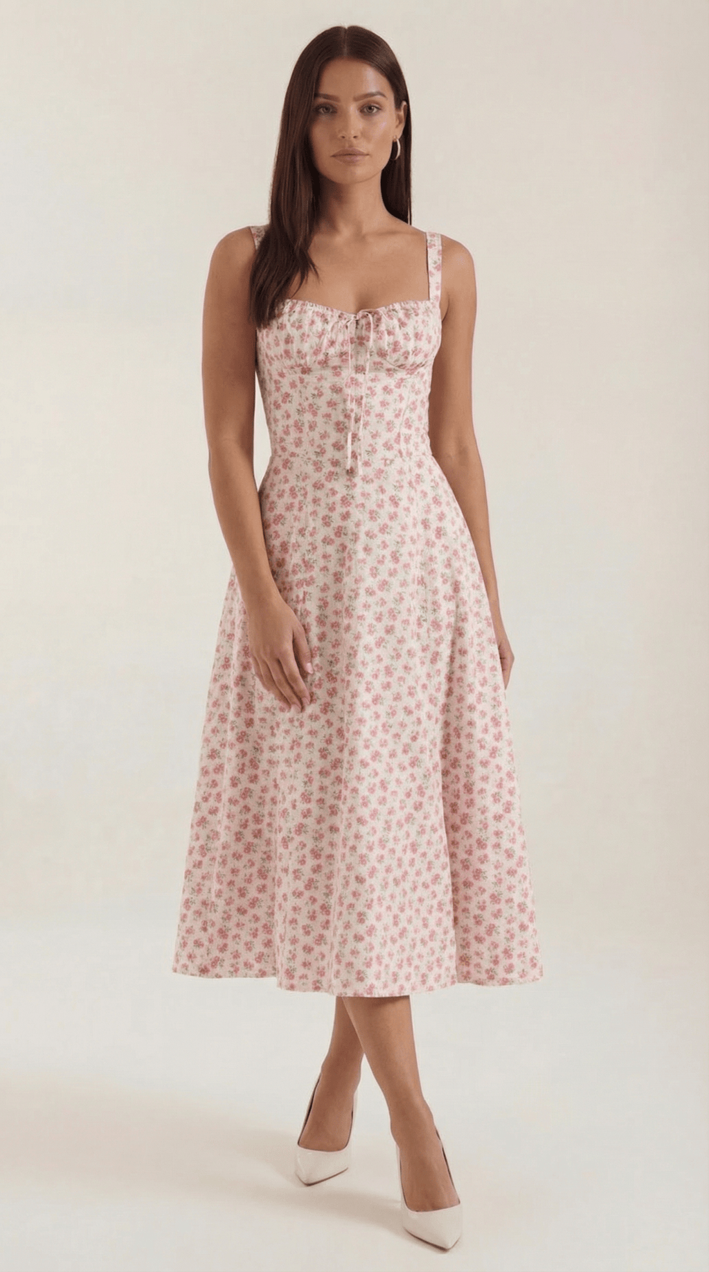 Sukienka midi z dekoltem w serce – wiązanie, rozkloszowany dół - Arkadya Outlet - Women Midi Dress