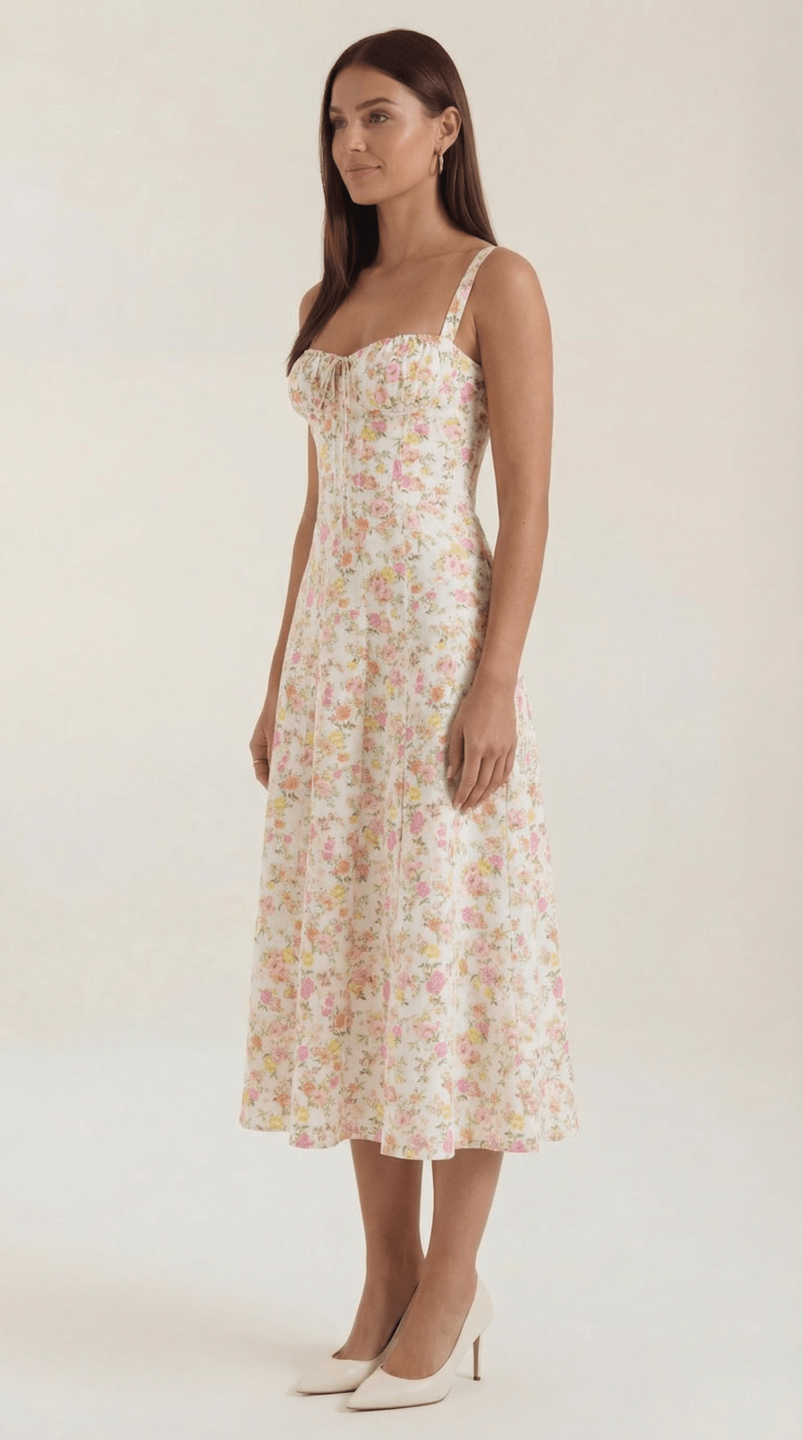 Sukienka midi z dekoltem w serce – wiązanie, rozkloszowany dół - Arkadya Outlet - Women Midi Dress