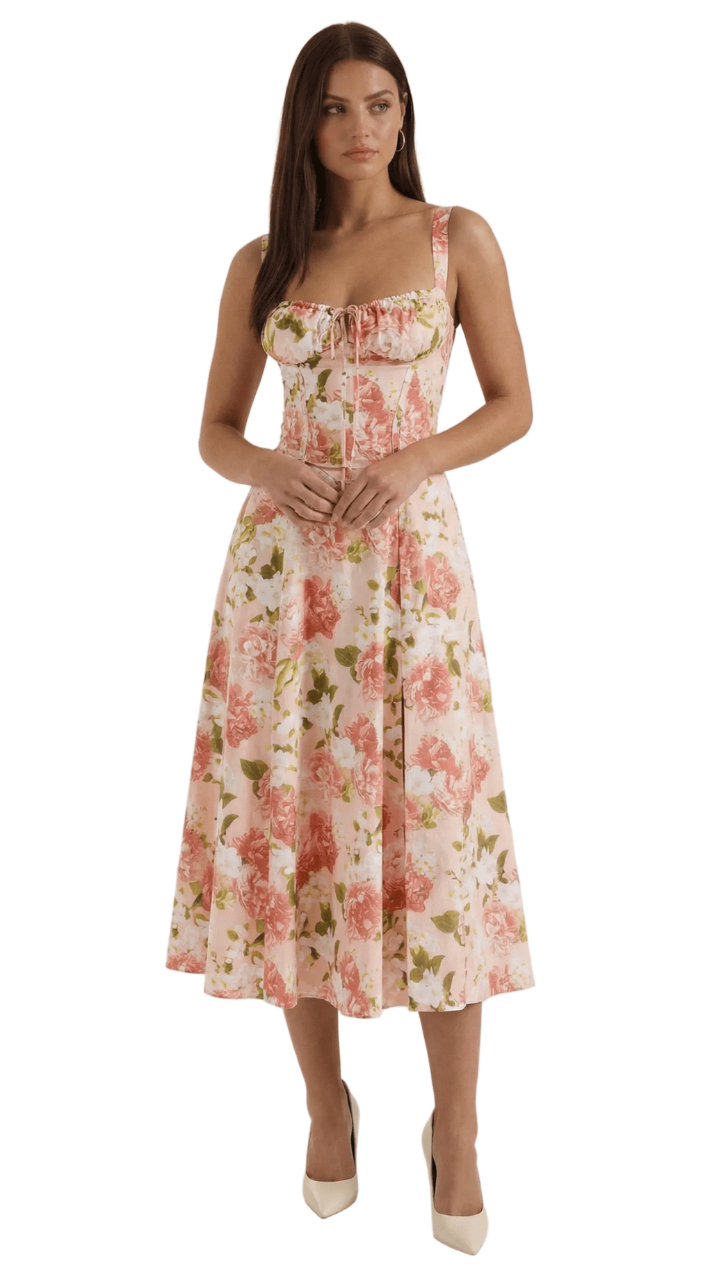 Sukienka midi z dekoltem w serce – wiązanie, rozkloszowany dół - Arkadya Outlet - Women Midi Dress