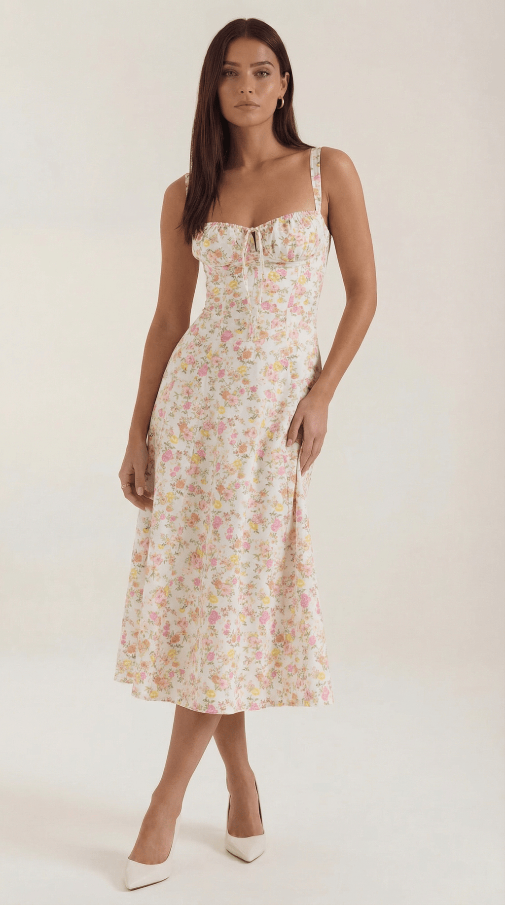 Sukienka midi z dekoltem w serce – wiązanie, rozkloszowany dół - Arkadya Outlet - Women Midi Dress