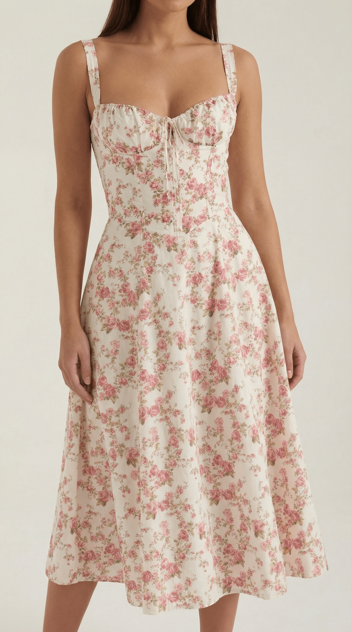 Sukienka midi z dekoltem w serce – wiązanie z przodu - Arkadya Outlet - Women Midi Dress