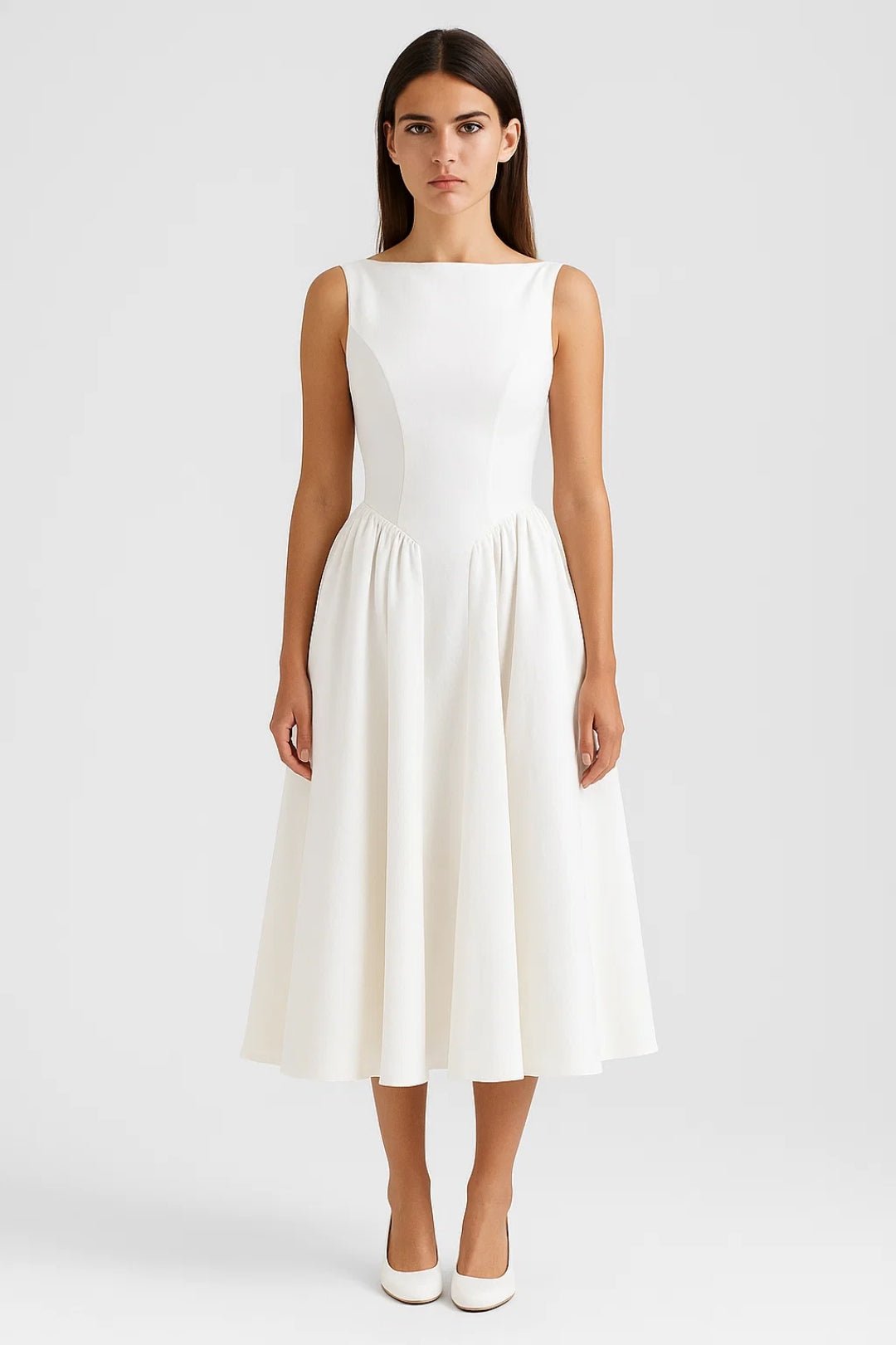 Sukienka midi z odkrytymi plecami i krótkim rękawem - Arkadya Outlet - Women Midi Dress