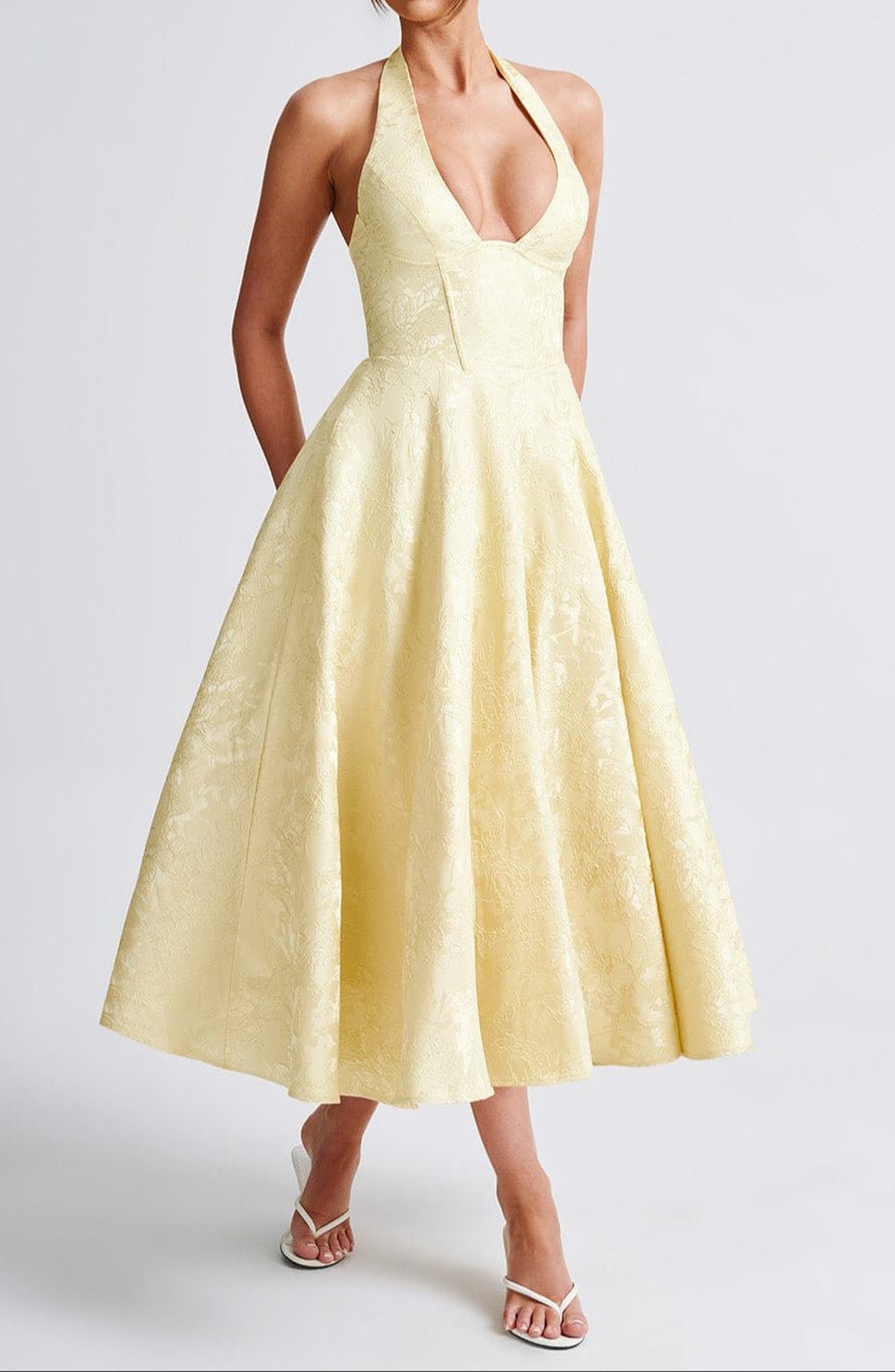 Sukienka midi żakardowa halter z gorsetem - Arkadya Outlet - Women Midi Dress