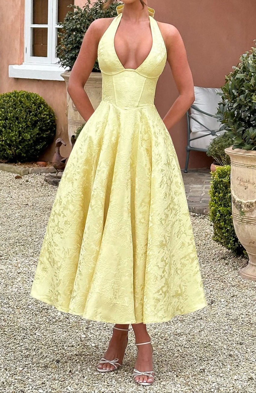 Sukienka midi żakardowa halter z gorsetem - Arkadya Outlet - Women Midi Dress