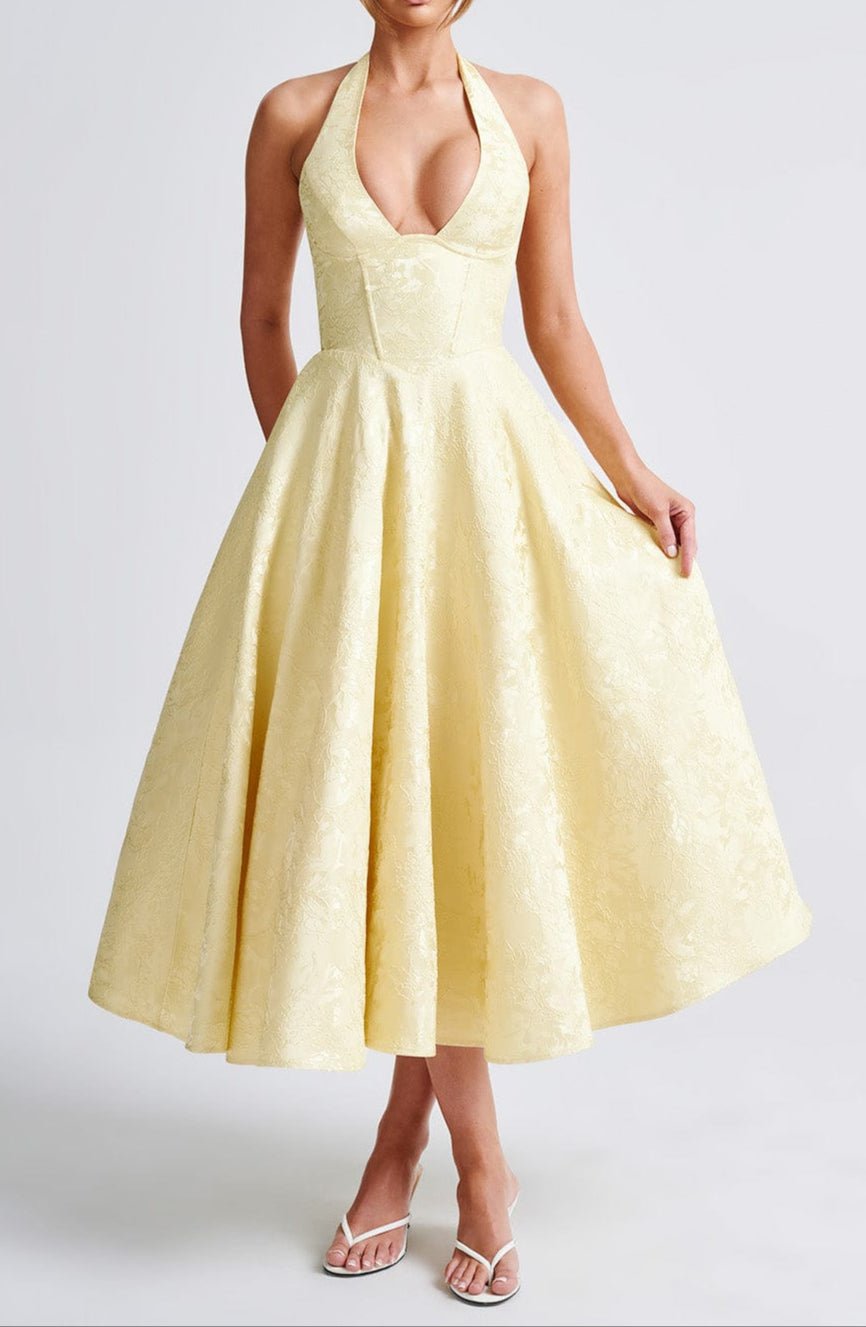 Sukienka midi żakardowa halter z gorsetem - Arkadya Outlet - Women Midi Dress