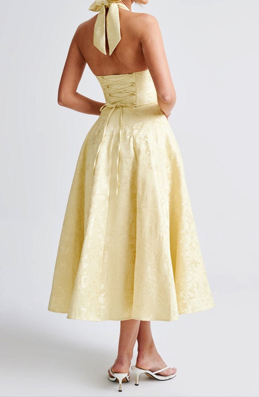 Sukienka midi żakardowa halter z gorsetem - Arkadya Outlet - Women Midi Dress