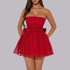 Sukienka mini A - line bez ramiączek z kokardą - Arkadya Outlet - Women Mini Dress