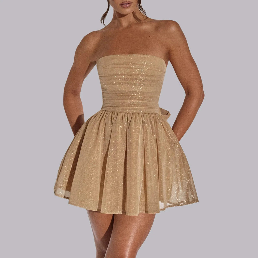 Sukienka mini A - line bez ramiączek z kokardą - Arkadya Outlet - Women Mini Dress