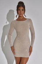 Sukienka mini damska brokatowa – dopasowana, długi rękaw - Arkadya Outlet - Women Mini Dress