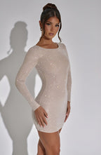 Sukienka mini damska brokatowa – dopasowana, długi rękaw - Arkadya Outlet - Women Mini Dress