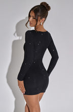 Sukienka mini damska brokatowa – dopasowana, długi rękaw - Arkadya Outlet - Women Mini Dress