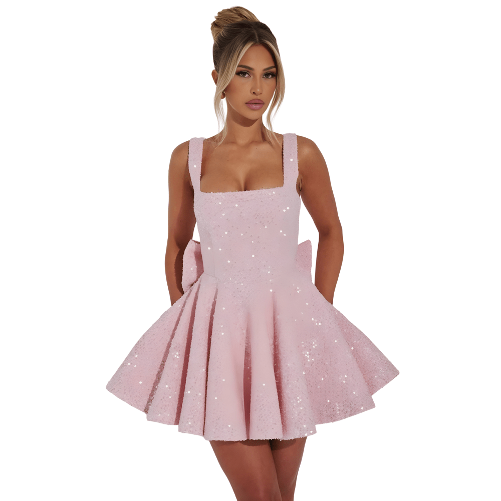 Sukienka mini damska cekinowa dopasowana – krój imprezowy, długość powyżej kolan - Arkadya Outlet - Women Mini Dress