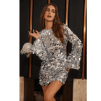 Sukienka mini damska cekinowa – okrągły dekolt, długi rękaw - Arkadya Outlet - Women Mini Dress