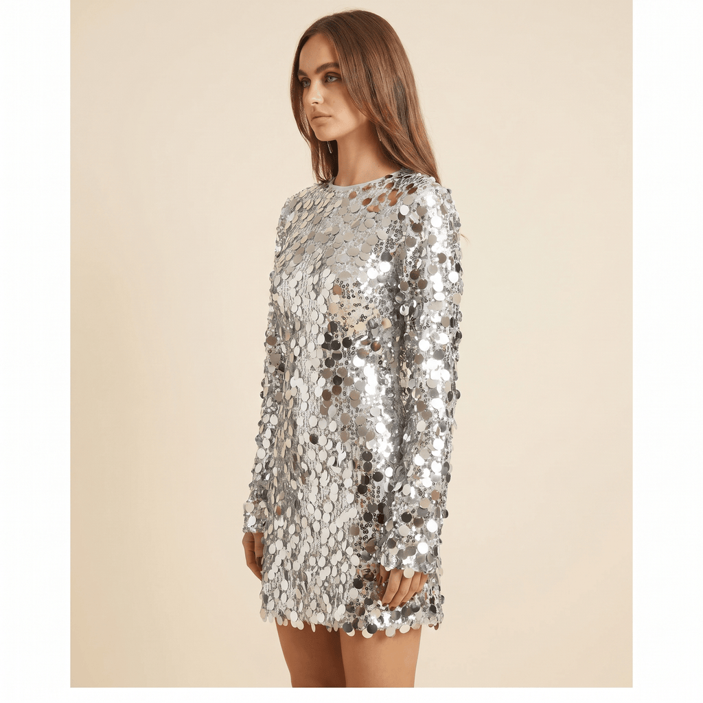 Sukienka mini damska cekinowa – okrągły dekolt, długi rękaw - Arkadya Outlet - Women Mini Dress
